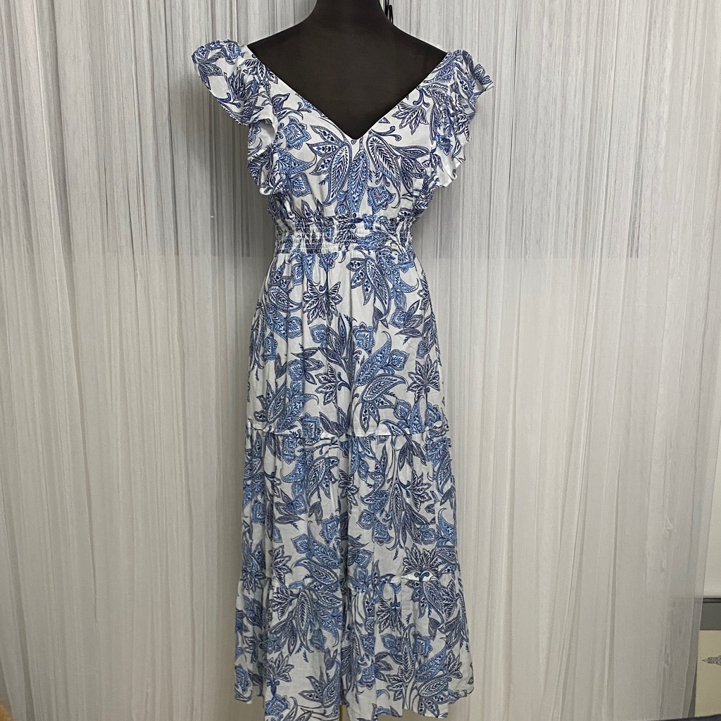 Joie Blue Floral Maxi Tiered Smock Ruffle Dress Size L